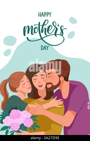Vertikale Karte zum Muttertag mit glücklicher Familie, Tochter und Vater gratulieren der Mutter zum Urlaub. Vektorabbildung Stock Vektor