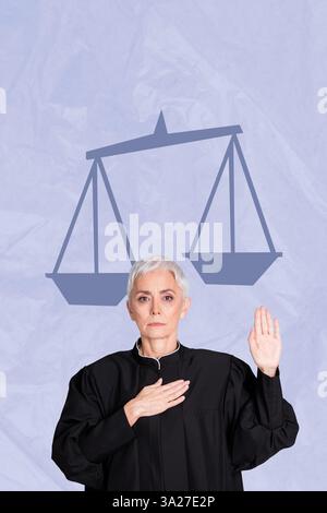 Trendbild vertikale Fotocollage einer ernsthaften alten Frau zeigt Handstopp Geste Waage Gewicht Entscheidung Anwalt Regierungsrechte Stockfoto