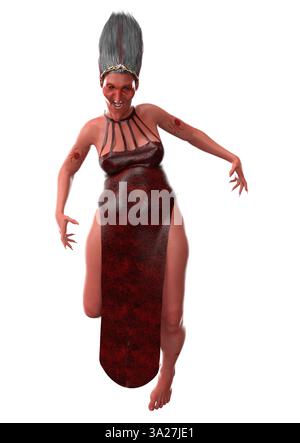 3D unheimliche Halloween-Hexe mit roter Haut in einem dunkelroten Lederkleid, grauem Haar. Ideal für Halloween-Designs, Poster oder digitale Kunstwerke Stockfoto