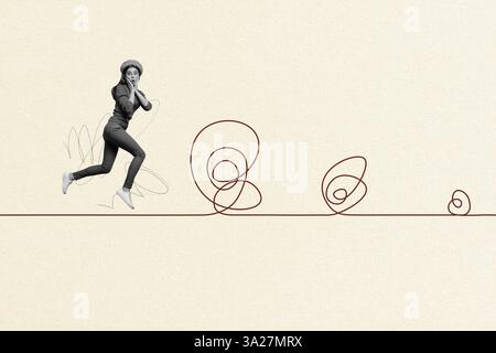 Trendkunstwerk Poster Composite Sketch Bild Collage der jungen Dame Hand halten schockiertes Gesicht Walk Line Venture Route Point Way Richtung Stockfoto