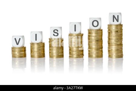 Münzstapel mit Buchstabenwürfeln - Vision Stockfoto