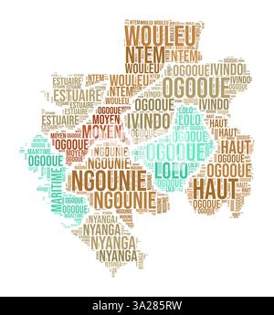 Gabon Word Cloud. Länderform mit Gebietseinteilung. Bild im Typografie-Stil Gabon. Bereichsnamen kennzeichnen Wolken. Vektorabbildung. Stock Vektor