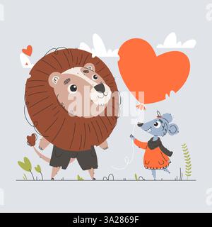 Bezaubernde Zeichentrickillustration eines Löwen und einer Maus, die einen herzförmigen Ballon halten und Freundschaft, Freundlichkeit und Liebe symbolisieren. Niedlicher Löwe und Maus wi Stock Vektor