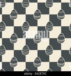 Kariertes Brett, dekorative Eierform zu Ostern, abstraktes nahtloses Muster. Niedliches geometrisches Gitter. Schwarze weiße Vintage-Farbpalette Stock Vektor