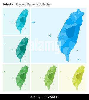 Taiwan Kartensammlung. Länderform mit farbigen Regionen. Hellblau, Cyan, Teal, Grün, Hellgrün, Farbpaletten in Limettenfarben. Stock Vektor