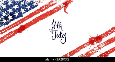 4. Juli Unabhängigkeitstag Hand gezeichnete Kalligraphie-Schrift auf Aquarellfarbe USA-Flagge Hintergrund. Vektorillustration für Grußkarte, Weihnachtsbanner Stock Vektor