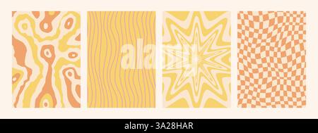 Abstrakte psychedelische Retro-Hintergründe gesetzt. Groovige Muster in gelben Retro-Farben. Trendige verdrehte, funky Vektortextur im abstrakten y2k-Stil. Vektor Stock Vektor