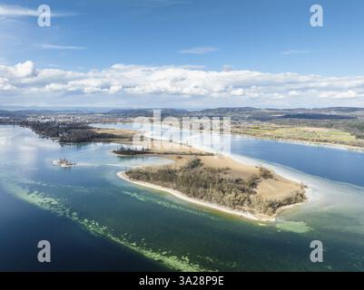 Luftaufnahme, Panorama der Halbinsel Mettnau im westlichen Bodensee, Radolfzell, Landkreis Konstanz, Baden-Württemberg, Deutschland, Europa Stockfoto