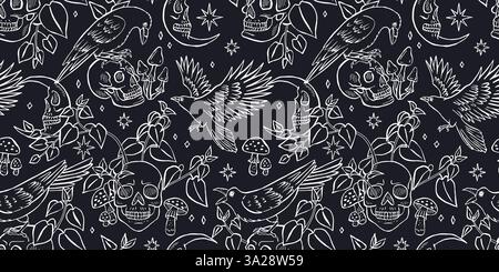 Nahtloses Schwarz-weiß-Muster mit handgezeichneten Tintenrabben oder Krähen, die auf menschlichen Schädeln sitzen. Monochrome himmlische Skelettköpfe im Waldlaub Stock Vektor
