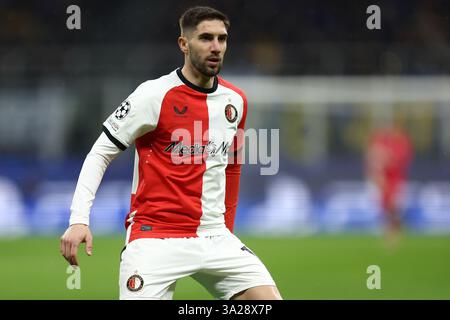 Mailand, Italien. März 2025. Luka Ivanusec von Feyenoord sieht beim Achtelfinale-Spiel der UEFA Champions League 2024/25 im zweiten Leg-Spiel zwischen dem FC Internazionale und Feyenoord am 11. März 2025 im Stadio Giuseppe Meazza (San Siro) in Mailand an. Quelle: Marco Canoniero/Alamy Live News Stockfoto