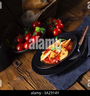 Ravioli alla genovese mit Basilikum und Tomatensauce Stockfoto