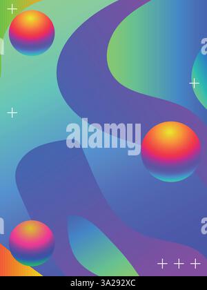 Vorlage für Poster mit flüssigen leuchtenden Gradientenlinien für Techno Music. 3D-Farbverlaufsgrafik im Säurestil mit vibrierenden Farben. Stock Vektor