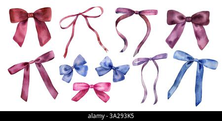 Ein Set rosa, violette und blaue Schleifen. Aquarell handgemalte Illustration. Isoliertes Element auf weißem Hintergrund. Für Design, Grußkarten, Einladungen, Dekor. Stockfoto
