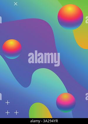 Handgezeichnete Linien für Sunset Party Flyers Vorlage mit lebendigem Verlauf. 3D-Farbverlaufsgrafik im Säurestil mit vibrierenden Farben. Stock Vektor