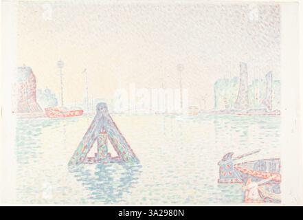 Dieses Kunstwerk von Paul Signac zeigt eine Boje in den Gewässern Hollands, die im Pointillismus dargestellt wurde. Die Arbeit konzentriert sich auf die Interaktion von Licht auf dem Wasser, der reflektierenden Oberfläche und den Küstenelementen der Szene. Stockfoto