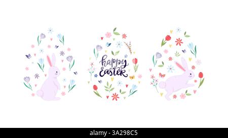 Niedliche Osterillustration mit Häschen, Blumen und Pastellfarben. Dekoratives Weihnachtsdesign mit Eiern und Schriftzug. Perfekt für Grußkarten und Stock Vektor