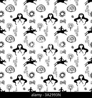 Nahtloses Muster mit kirgisischen Petroglyphen mit Kriegern, Pferden und Sonnensymbolen. Inspiriert von alten Felsschnitzereien. Perfekt für Textilien Stock Vektor