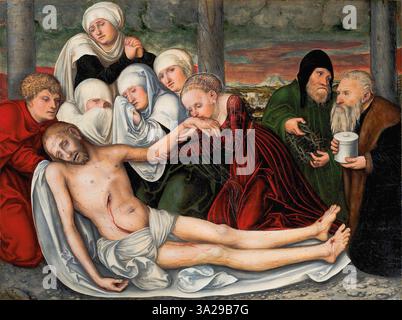 Dieses Werk von Lucas Cranach I. zeigt die Trauer Christi und zeigt die Jungfrau Maria und andere, die um seinen Tod trauern. Die Szene fängt die emotionale Intensität und die Trauer ein, die für christliche Themen Leiden und Erlösung von zentraler Bedeutung sind. Stockfoto