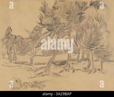 Die Zeichnung „Groupe de Pins“ zeigt eine Gruppe von Kiefern und zeigt Van Goghs Fokus auf die Natur und seine ausdrucksstarken Pinselstriche, um das Wesen der Bäume einzufangen. Stockfoto