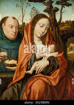 Dieses Gemälde, das dem Meister des Heiligen Blutes zugeschrieben wurde und um 1520 entstanden ist, zeigt die Heilige Familie, wobei der Schwerpunkt auf die intime Verbindung zwischen der Jungfrau Maria, dem Jesuskind und dem Heiligen Josef gelegt wird. Es ist ein schönes Beispiel für religiöse Kunst aus den südlichen Niederlanden des frühen 16. Jahrhunderts. Stockfoto