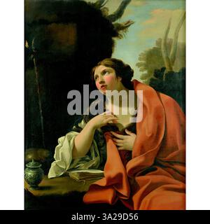 Diese Zeichnung von Maria Magdalena zeigt sie in klassischer Pose, wobei ihr emotionaler Ausdruck und ihre Figur betont werden. Vouet fängt die spirituellen und menschlichen Elemente des Themas ein. Stockfoto