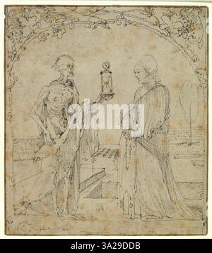Dürer zeigt in diesem kraftvollen Gravur den Tod, der sich einer jungen Frau nähert, und symbolisiert damit die Unvermeidlichkeit der Sterblichkeit. Das Werk ist reich an Symbolismus und zeigt Dürers Fähigkeit, komplexe Themen durch Kunst auszudrücken. Stockfoto