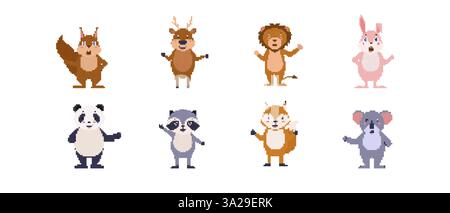 Pixel Art Animals Sammlung mit niedlichen Eichhörnchen Hirsch Löwe Kaninchen Panda Waschbär Koala Stock Vektor