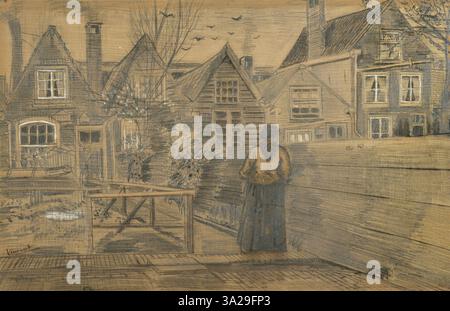 Diese Zeichnung aus dem Jahr 1882 zeigt Häuser aus dem hinteren Fenster von Siens Haus und spiegelt Van Goghs Fokus auf den Alltag und die häusliche Umgebung wider. Stockfoto