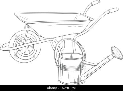 Gießkanne aus Aluminium und eine Vintage-Gartenkarre. Einfache Vektor-handgezeichnete Strichgrafik-Illustration. Ideal für Gartenarbeit, Landschaftsgestaltung, Frühling Stock Vektor