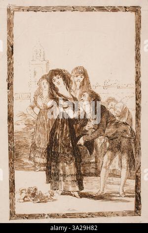 Dieser Druck aus Goyas „Caprichos“-Serie mit dem Titel „Antiguo y moderno“ erforscht die Ursprünge des Stolzes und stellt historische und zeitgenössische Torheit in einem surrealen Setting gegenüber. Stockfoto