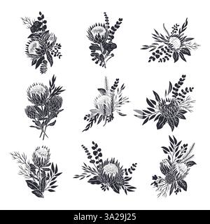 Schwarze Silhouetten von tropischen Protea-Blumen und Blättern Blumensträuße gesetzt Stock Vektor