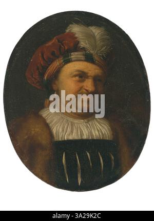 Dieses zugeschriebene Gemälde zeigt einen Mann in orientalischer Tracht. Die komplizierten Details seiner Kleidung und die sorgfältige Darstellung der Figur spiegeln das Können des Künstlers wider, verschiedene Kulturen und ihre unverwechselbaren Bekleidungsstile in einem barocken Kontext des 17. Jahrhunderts einzufangen. Stockfoto