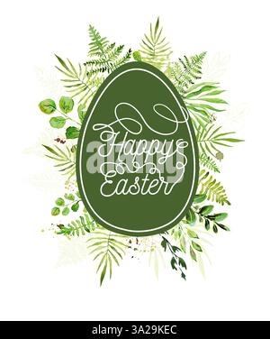 Osterkarte mit grünen Blättern. Handgezeichnet. Nicht AI, Vektorillustration Stock Vektor