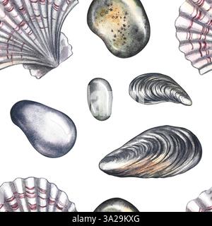 Nahtloses Muster mit Meeressteinen, Muscheln und Jakobsmuscheln. Eine handgezeichnete Aquarellillustration. Farbbilder von Strandelementen. Ideal für Textilien, fabr Stockfoto