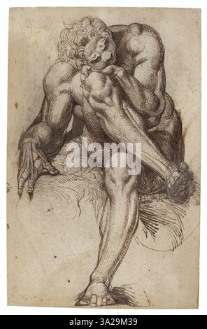 In diesem Werk von Fuseli wird König Amycus von Bebryces, eine Figur aus der griechischen Mythologie, in einer dynamischen Pose dargestellt, die die Themen Macht und Konflikt verkörpert, die seine mythologische Erzählung bestimmen. Stockfoto
