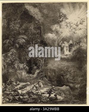 In dieser Ätzung zeigt Rembrandt geschickt den emotionalen Zustand des Motivs durch detaillierte Darstellung des Gesichts, wobei Licht und Schatten verwendet werden, um psychologische Tiefe und Komplexität zu erhöhen. Stockfoto