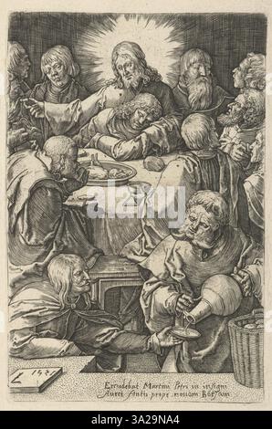 Dieser Druck von Lucas van Leyden aus dem frühen 16. Jahrhundert zeigt komplizierte Linien und religiöse Themen, die für sein Werk typisch sind. Das Stück fängt das Wesen der niederländischen Renaissance-Kunst mit detaillierten Ausdrücken und sorgfältig strukturierten Kompositionen ein. Stockfoto