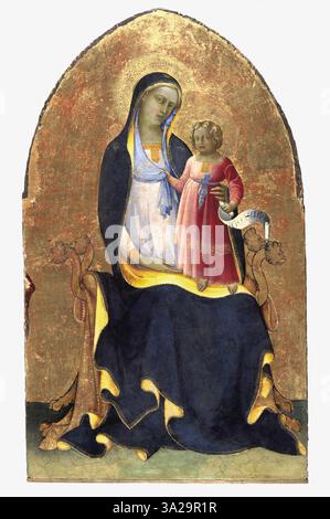 Lorenzo Monacos „die Jungfrau und das Kind thront“ (um 1418) stellt die Madonna auf einem Thron mit dem Jesuskind dar, eingerahmt in einer gotischen Struktur. Das Werk zeigt die Hingabe an die Madonna und das Kind in der Kunst der Frührenaissance. Stockfoto