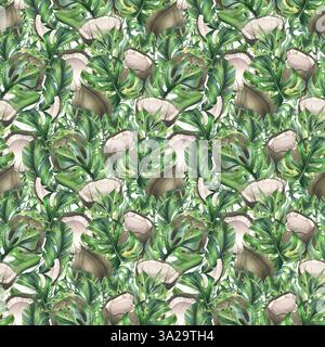 Kokosnüsse ganz, Hälften und Stücke mit hellen, grünen, tropischen Palmenblättern und gelben Plumerieblättern. Handgezeichnete Aquarellillustration. Nahtlos Stockfoto