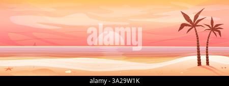 Tropischer Strand Sonnenuntergang Vektor Illustration mit Palmen und ruhigem Meer Stock Vektor