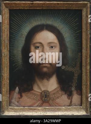 Christ Salvator Mundi, gemalt von Quinten Massys im Jahr 1505, zeigt Christus als den Erlöser der Welt. Das Gemälde betont die feierliche Autorität und göttliche Natur Christi, ein bedeutendes Thema in der religiösen Kunst der Renaissance. Stockfoto