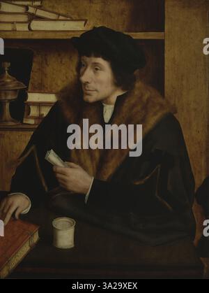 Quinten Massys Porträt von Pieter Gillis, gemalt 1517, fängt den Sitter mit bemerkenswertem Realismus ein. Die detailreiche Darstellung seines Gesichts und seiner Kleidung spiegelt die Porträtkunst des Künstlers und seine Fokussierung auf den Charakter wider. Stockfoto