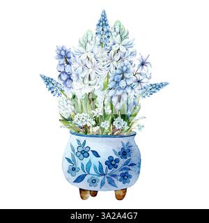 Aquarellillustration eines Straußes aus weißen und blauen Hyazinthen, Muscari und Wildblumen in einem Keramiktopf mit blauem Muster. Elegantes Blumendesign für Frühlingsdekor, Karten und Drucke Stockfoto
