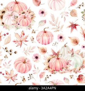 Orangefarbene und rosa Kürbisse, Sonnenblumen und Herbstblätter auf weißem Hintergrund. Aquarellmuster in Pastellfarben. Die Zeichnung wird von Hand gezeichnet. Geeignet für Karten, Einladungen und Textilien. Fertigdruck für Textilien und Typografie Stockfoto