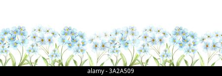 Aquarellillustration von zarten blauen Vergissmeinnots. Eleganter nahtloser Rand der ersten Wildblumen für die Weihnachtsdekoration, Karten und Drucke Stockfoto
