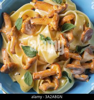 Pappardelle mit Käsesauce und frischen Pfifferlingen Stockfoto
