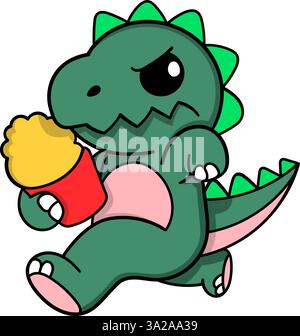 Ein molliger grüner Cartoon-Dinosaurier mit einem wütenden Ausdruck hält einen roten Behälter mit knusprigen Pommes frites während des Spaziergangs Stock Vektor