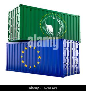 Handelsabkommen zwischen der Afrikanischen Union und der Europäischen Union, Konzept. Frachtcontainer mit der Flagge der Afrikanischen Union und der EU. 3D-Rendering iso Stockfoto