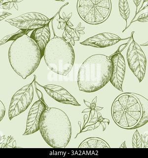 Nahtloses Muster mit Zitronenzweigen mit Früchten und Blumen. Zeichnung im Retro-Gravurstil. Schwarz-weiß-Vektorillustration. Stock Vektor