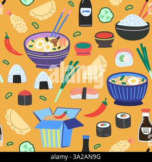 Nahtloses Muster mit asiatischen Speisen, traditionellen japanischen und chinesischen Gerichten. Nudeln, Ramen, Sushi und Saucen. Handgezeichnete bunte Vektorillustration. Stock Vektor
